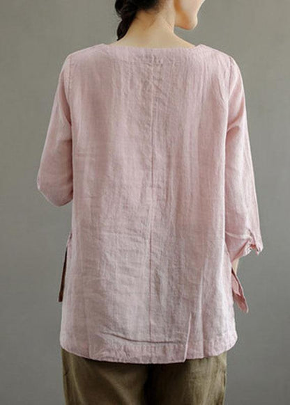 Elegant Pink O-Neck Button Embroideried Fall Linen Long Sleeve Top