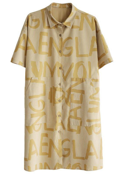 Casual Yellow Cinched Peter Pan Collar Cotton Dress Graphic Dress