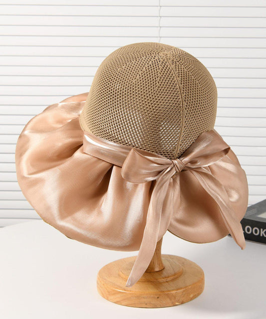2025 New Dark Khaki Knit Patchwork Satin Bow Bucket Hat