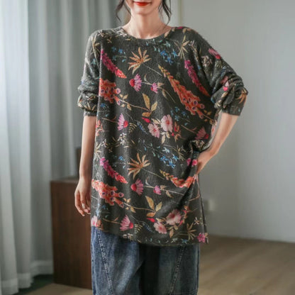 Retro Literary Casual Print Mid-Length Irregular Sweater
