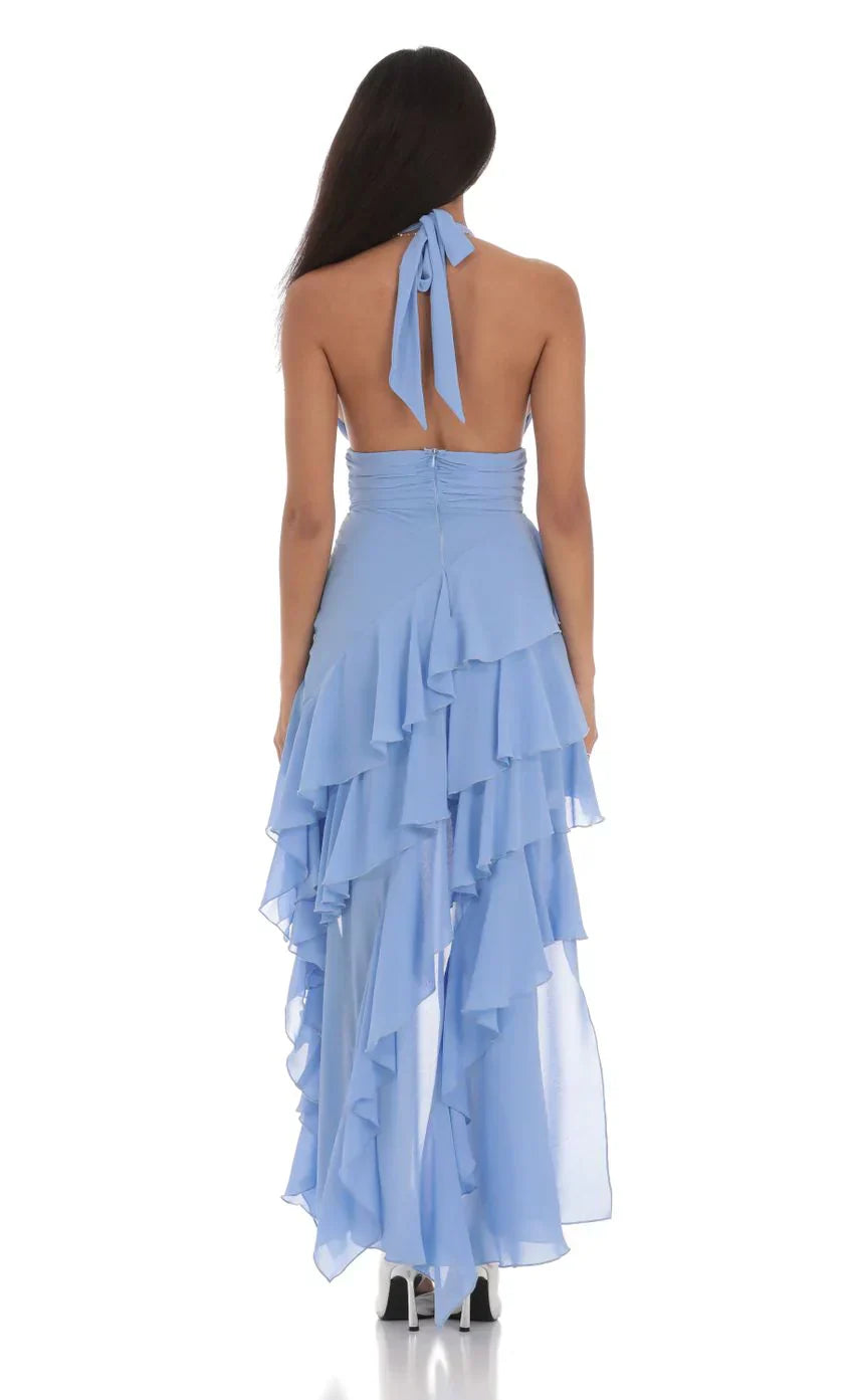 Asymmetrical Ruffle Maxi Dress In Blue