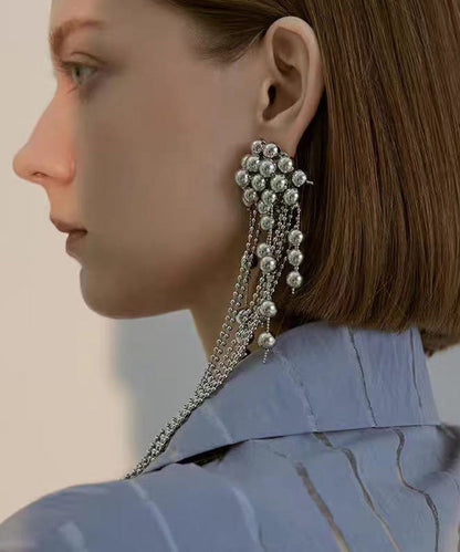 Fashion Silver Needle Single Piece Tassel Metal Ball Earrings