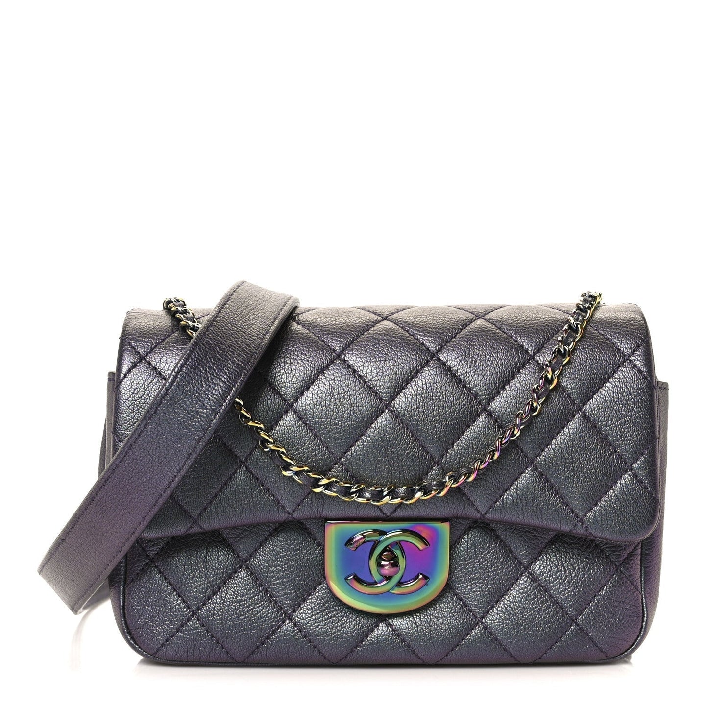 Iridescent Goatskin Quilted Small Double Carry Waist Chain Flap Purple