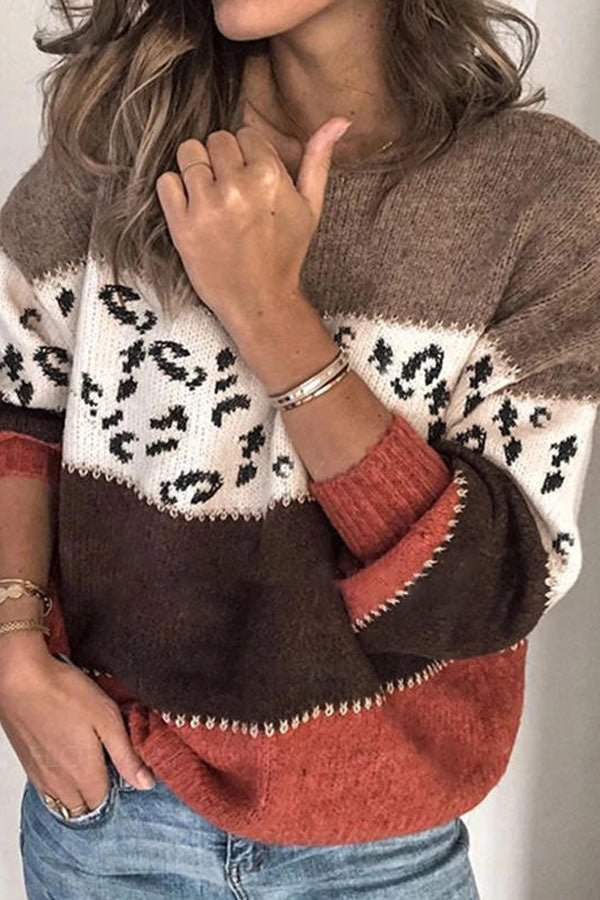Casual Color Patchwork Round Neck Sweater