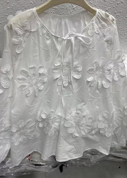 Original Design White O-Neck Floral Top Fall