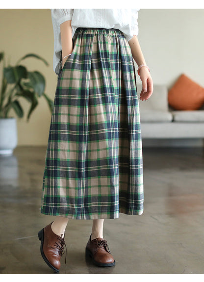 Vintage Cotton and Linen Check Elastic High Waist Plus Size A-Line Skirt