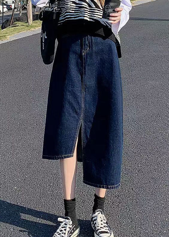Elegant Navy Side Open Asymmetrical Pocket Cotton Denim Wraped Skirts Cozy
