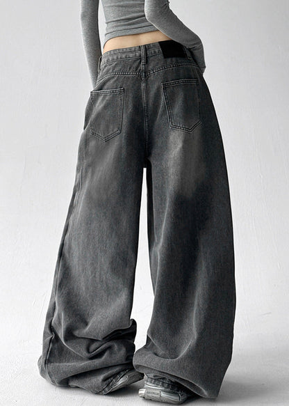 Fashion Grey Pockets Rivet Patchwork Denim Wide Leg Pants Fall