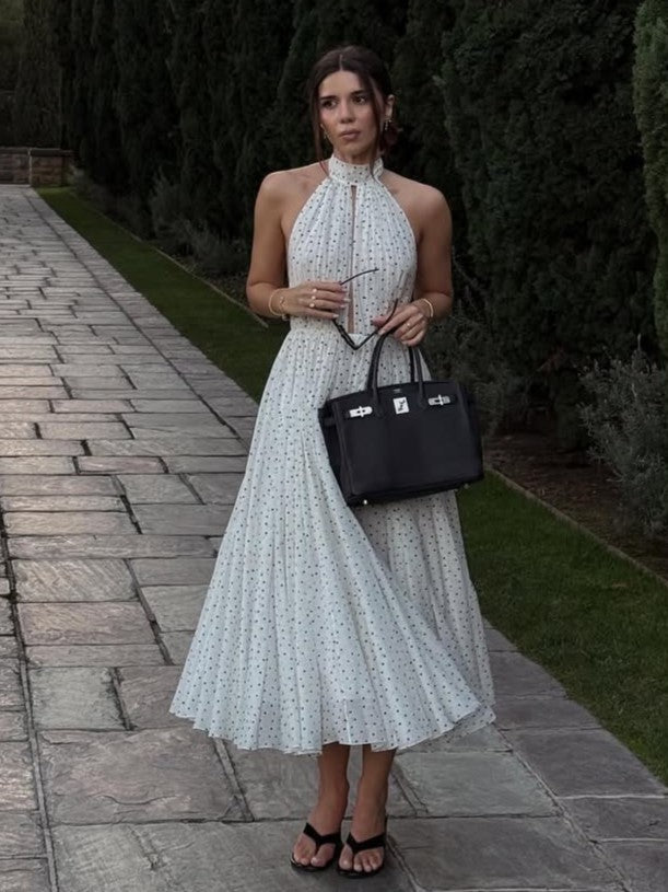 Polka Dot Halter Open Back Flowy A-line Maxi Dress