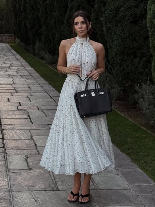 Polka Dot Halter Open Back Flowy A-line Maxi Dress
