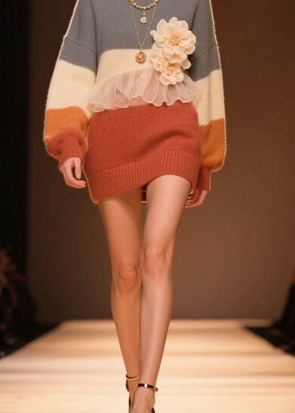 Stylish O Neck Tulle Ruffled Floral Knit Sweaters Fall