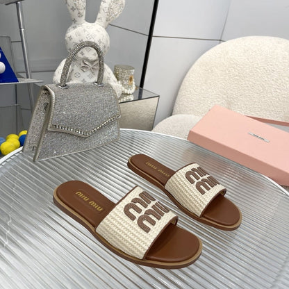 MIUMIU RAFFIA EFFECT WOVEN FABRIC SLIDES NATURAL 5XX644 3LOM F0018 F 005