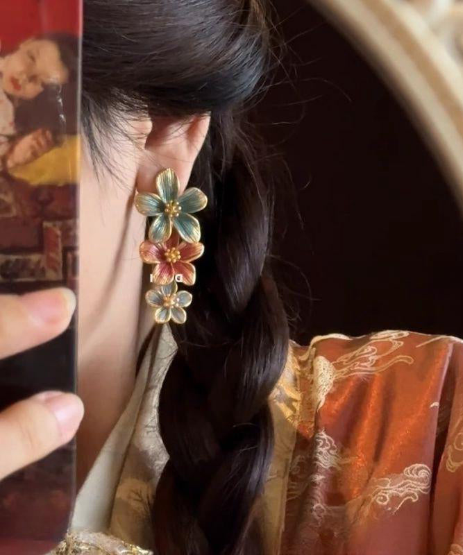 Vintage Rainbow Metal Alloy Drip Glaze Floral Drop Earrings