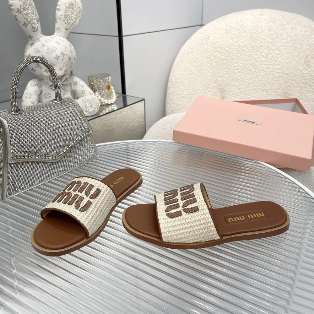 MIUMIU RAFFIA EFFECT WOVEN FABRIC SLIDES NATURAL 5XX644 3LOM F0018 F 005