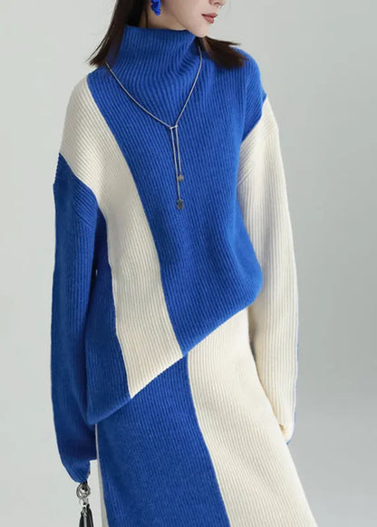 Boutique Blue Hign Neck Knit Tops And Skirts Two Pieces Set Winter