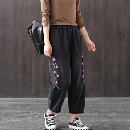 Autumn Loose Embroidery Harem Denim Trousers
