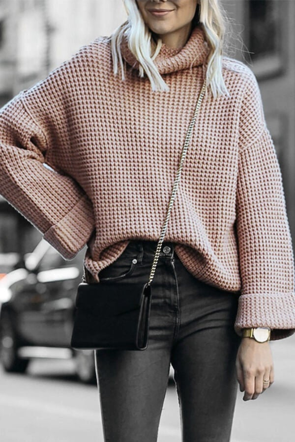 Casual Solid Color High Neck Loose Knit Sweater
