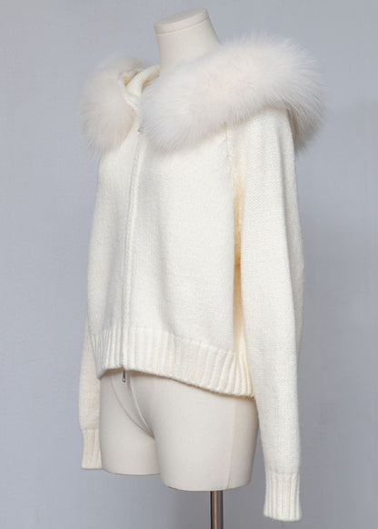 Women White Hooded Zippered Cozy Patchwork Knit Coat