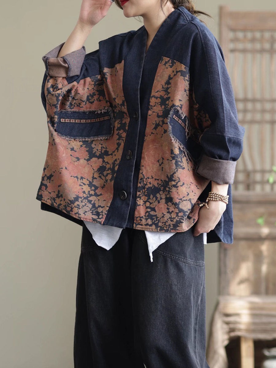 Women Spring Artsy Spliced Tie-dye Button Denim Coat