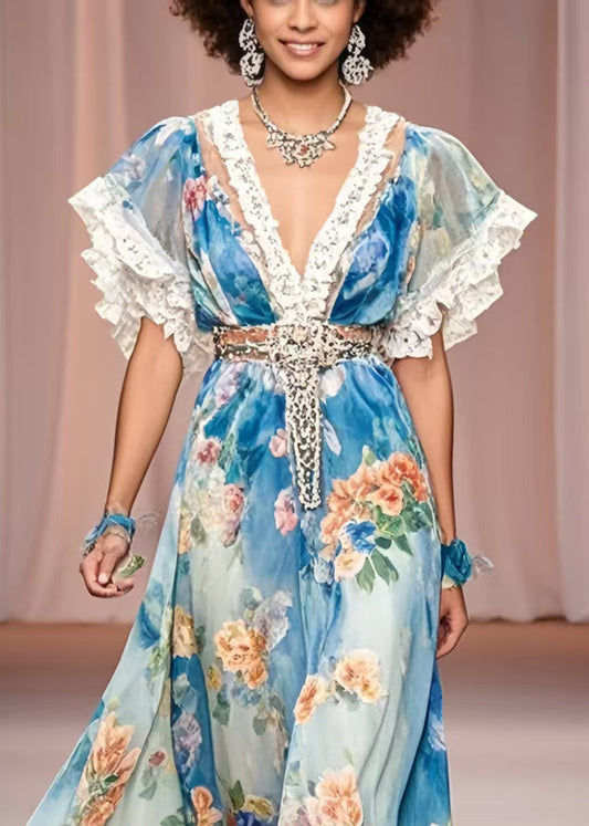 Beautiful Blue Cinched Floral Print Chiffon Maxi Dress Summer