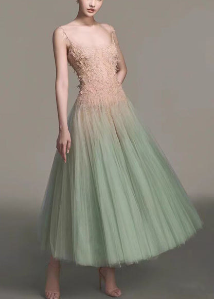 Sexy Green Sequins Lace Patchwork Tulle Spaghetti Strap Dress Sleeveless