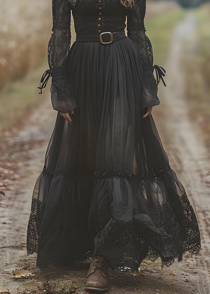 Bohemian Black Lace Patchwork Wrinkled Cotton Maxi Dresses Spring