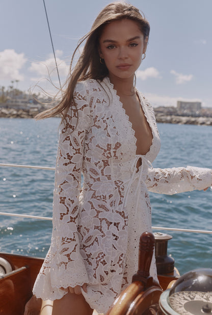 V-Neck Tie-Front Flare Sleeve Lace Fit-and-Flare Mini Dress