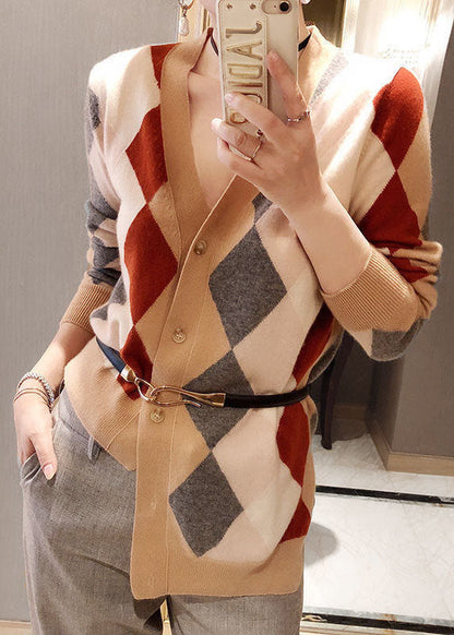 Fashion Khaki V Neck Asymmetrical Plaid Knit Cardigan Winter