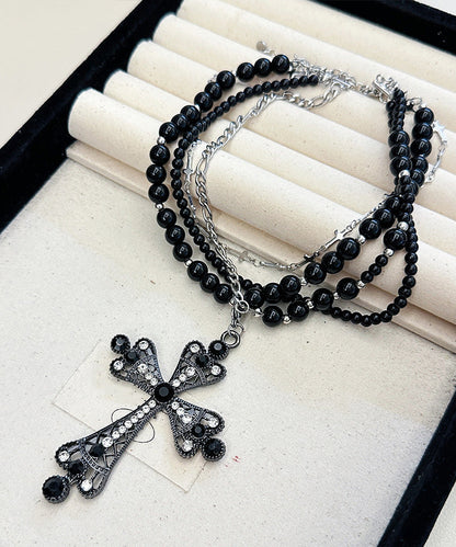 Chic Black Zircon Cross Multilayer Beads Gratuated Bead Necklace