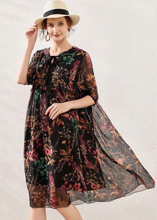 Boho Pink Cinched Print Summer Chiffon Mid Dress Half Sleeve