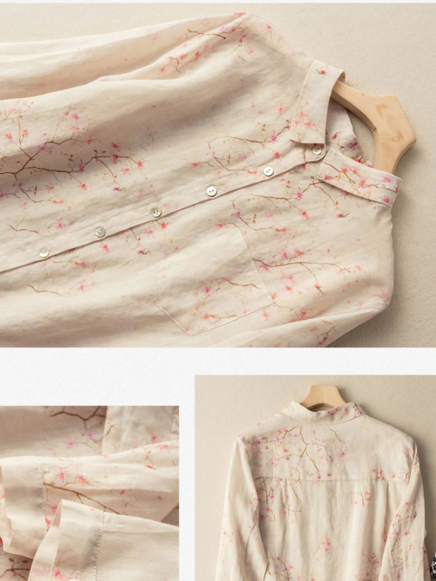 Floral Print Long Sleeve Casual Linen Shirt Top