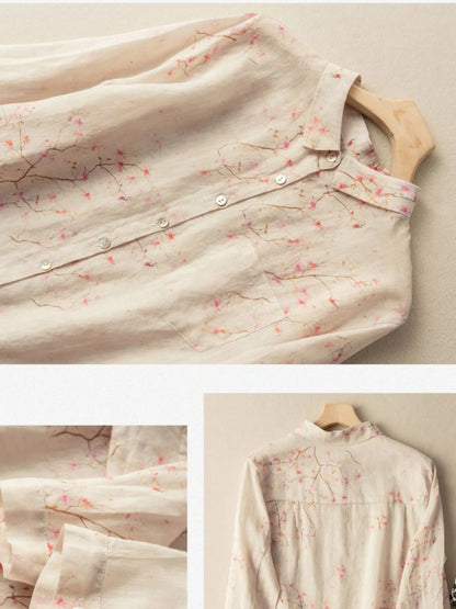 Floral Print Long Sleeve Casual Linen Shirt Top