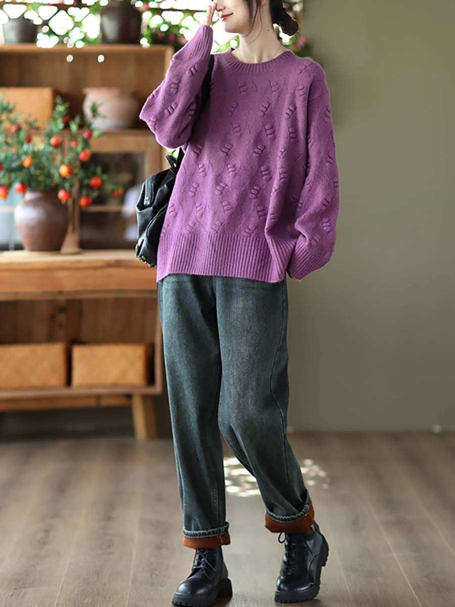 Women Winter Vintage Knitted Solid Warm Loose Sweater
