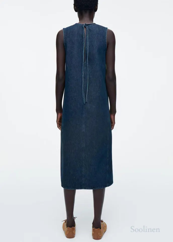 Natural Navy Backless Lace Up Denim A Line Dresses Sleeveless