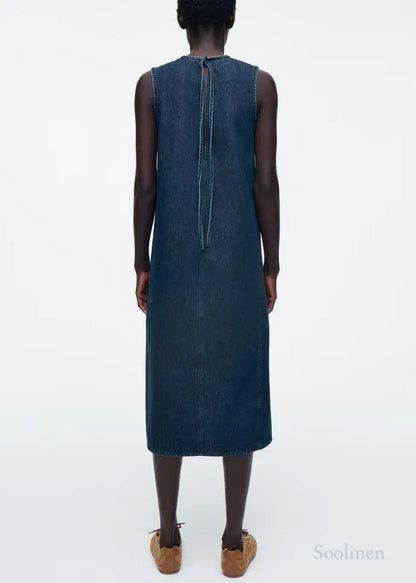 Natural Navy Backless Lace Up Denim A Line Dresses Sleeveless