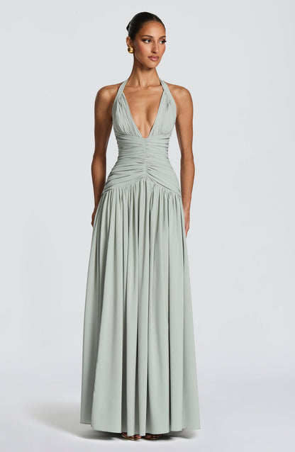 Sage Halter Ruched Waist Maxi Dress