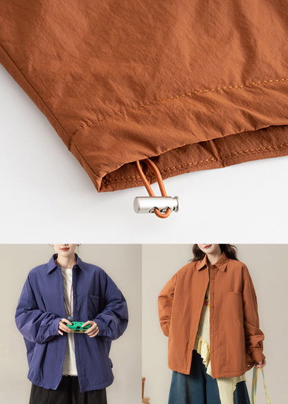 Plus Size Orange Peter Pan Collar Pockets Cotton Filled Coats Spring