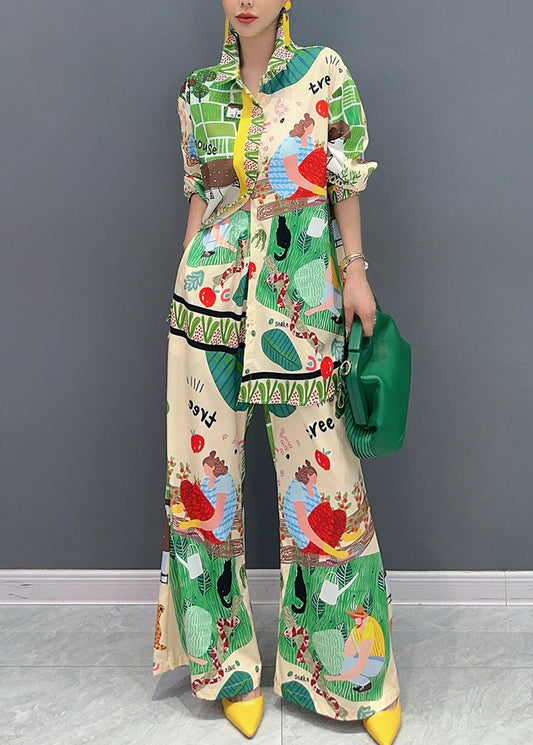 Casual Multicolor Peter Pan Collar Print Shirts And Wide Leg Pants Two Pieces Set Fall