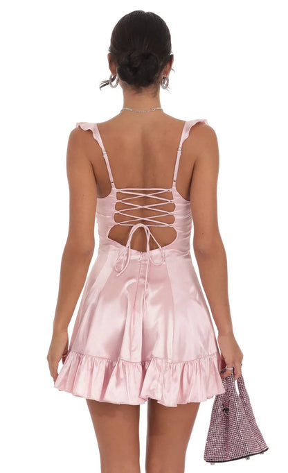 Satin Ruffle Fit and Flare Dress in Pink