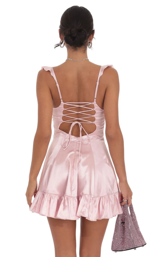 Satin Ruffle Fit and Flare Dress in Pink