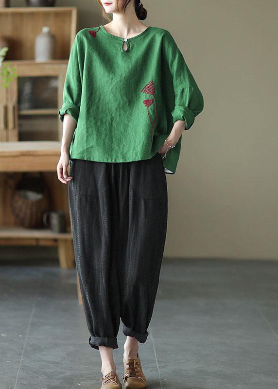 Plus Size Green Loose Embroideried Fall cotton blend Shirt Tops Long Sleeve