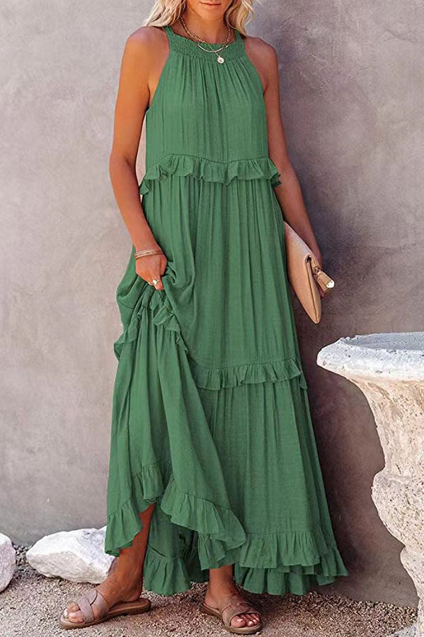 Blue Vittoria Shirred Ruffle Tiered Maxi Halter Dress