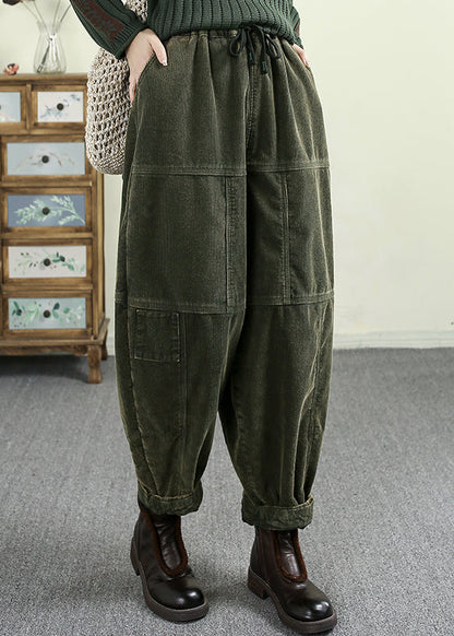 Casual Green Pockets Elastic Waist Corduroy Warm Fleece Pants Winter