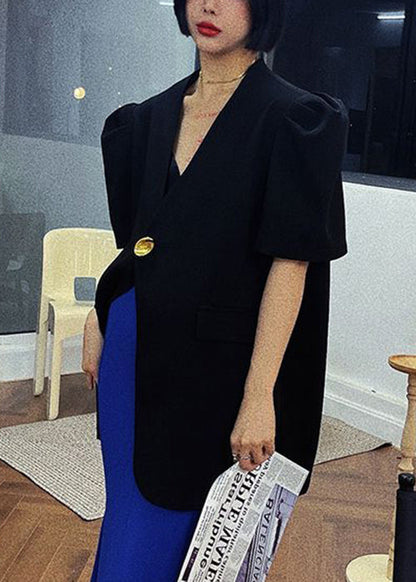 New Blue V Neck Button Solid Spandex Coats Puff Sleeve