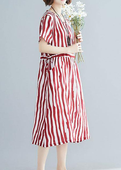 Handmade red striped clothes Women o neck drawstring Art summer Dress