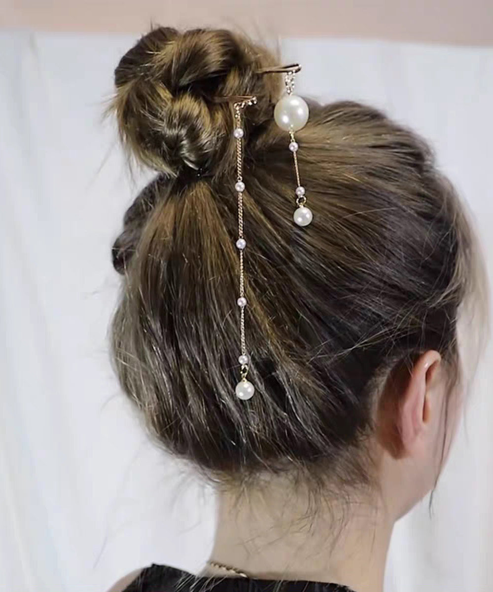 Chinese Style Gold Alloy Pearl Tassel Hairpin Two-Piece Set