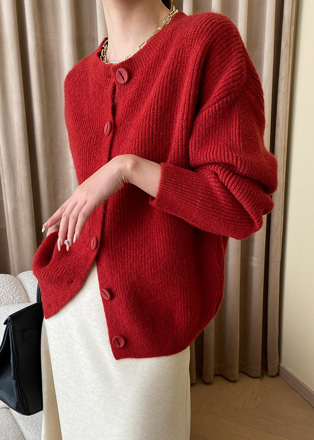 Loose Red Button Solid Knit Coats Fall