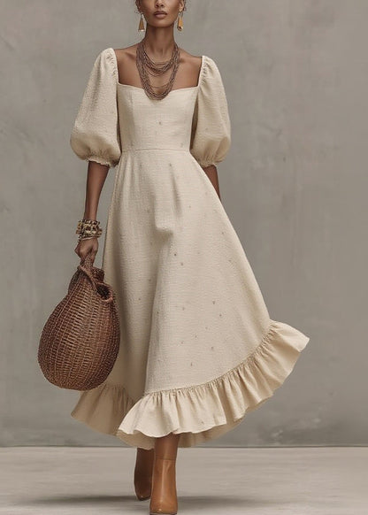 Loose Beige Square Collar Print Solid Long Dress Short Sleeve