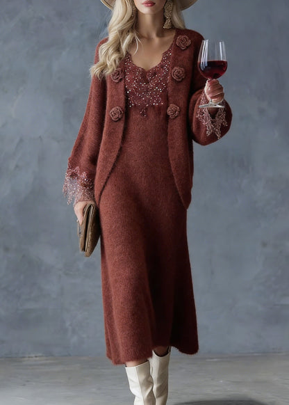French Rust Lace Patchwork Cotton Knit Cardigans And Maxi Skirts Two Piece Set Spring