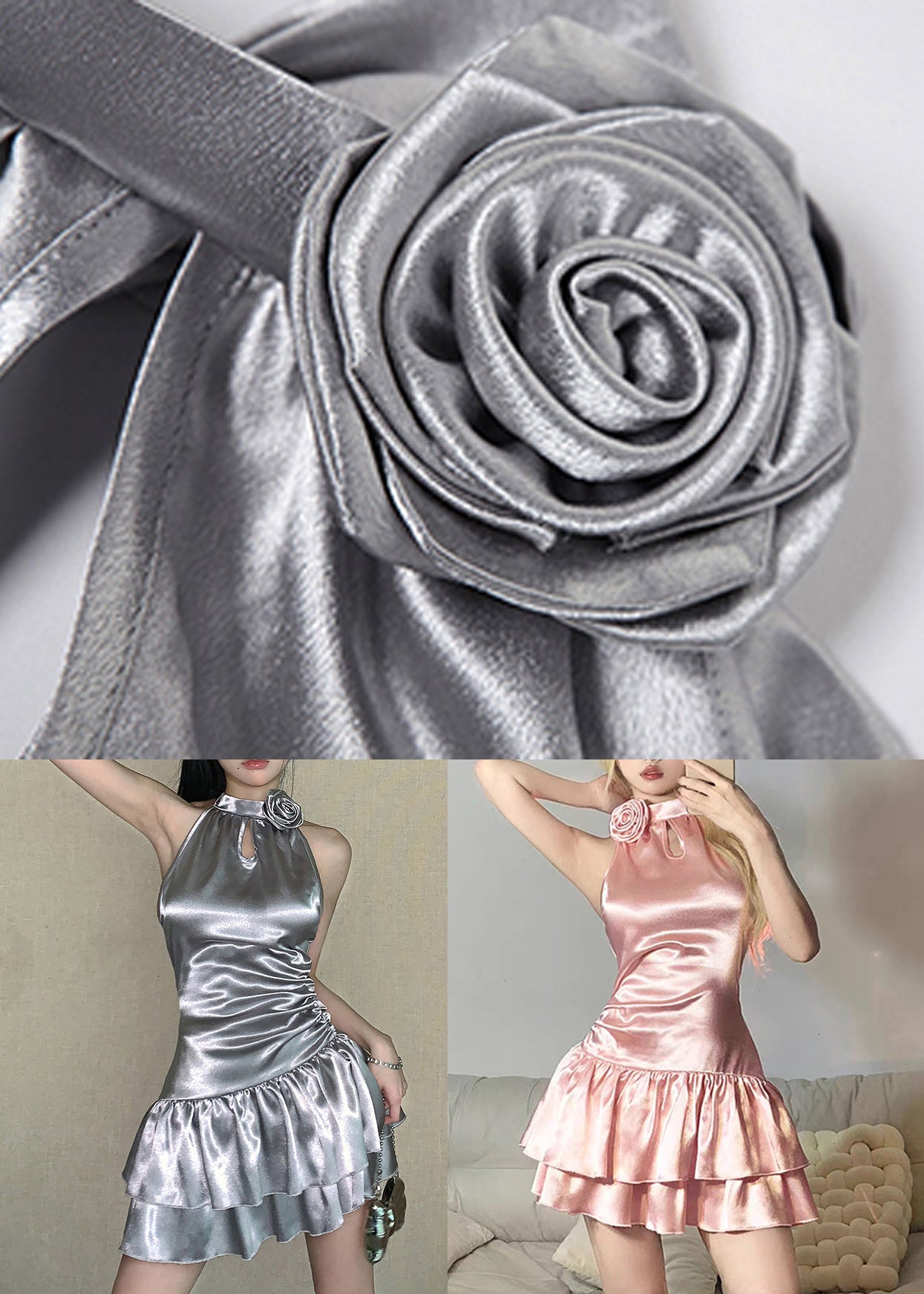 Silver Floral High Waist Sleeveless Dress Hollow Out
